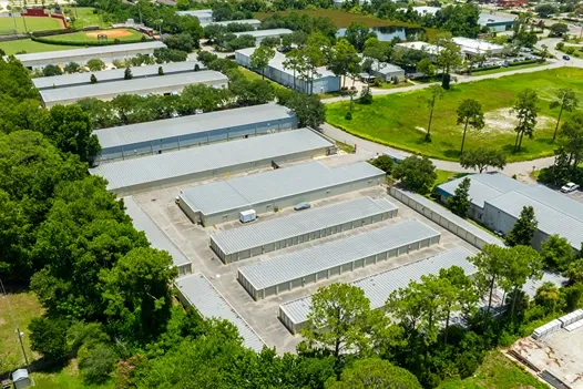 Aerial view of large self storage facility with multiple drive-up unit buildings